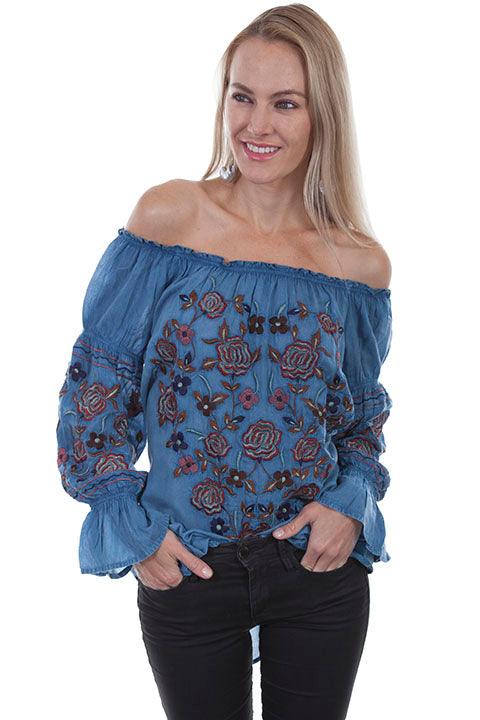 Scully AVALANCHE BLUE PEASANT BLOUSE W/EMBROIDERY - Flyclothing LLC