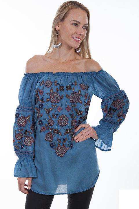 Scully AVALANCHE BLUE PEASANT BLOUSE W/EMBROIDERY - Scully Leather - Flyclothing LLC