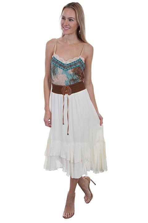 Scully Leather Ivory Skirt With Crochet Band Faux Belt Women Skirt - Flyclothing LLC