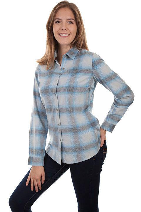 Scully BLUE-WHITE LADIES CORDUROY PLAID BLOUSE - Scully Leather