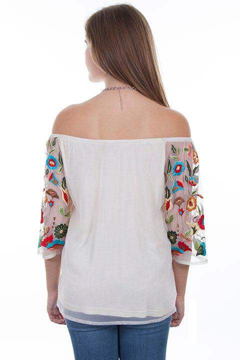 Scully IVORY FLORAL EMB. MESH BLOUSE LINED - Scully Leather - Flyclothing LLC