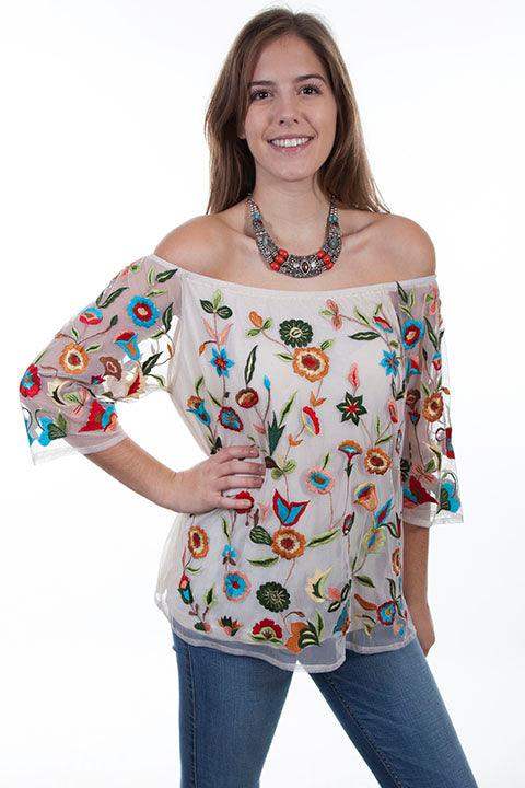 Scully IVORY FLORAL EMB. MESH BLOUSE LINED - Scully Leather - Flyclothing LLC