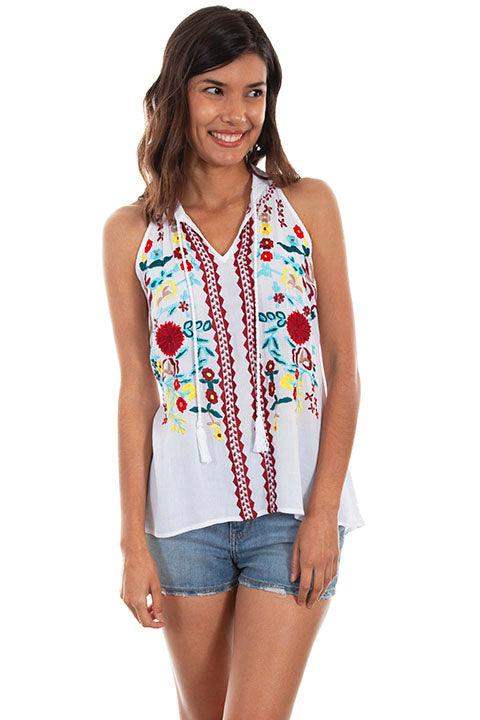 Scully WHITE TIE FRONT EMB.RICK RACK TANK - Scully Leather - Flyclothing LLC
