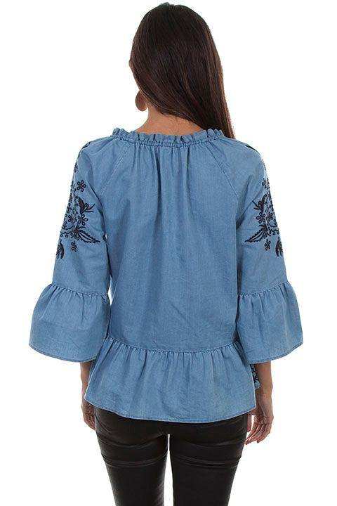 Scully DENIM PEPLUM BLOUSE W/TONAL EMB & TIE NECK - Scully Leather - Flyclothing LLC