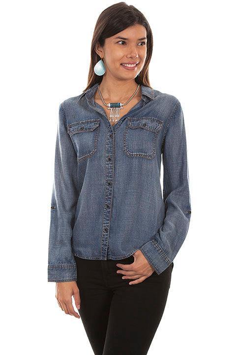 Scully DENIM HI/LO BUTTON FRONT LACE UP BACK BLOUSE - Scully Leather