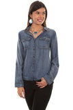 Scully DENIM HI/LO BUTTON FRONT LACE UP BACK BLOUSE - Scully Leather