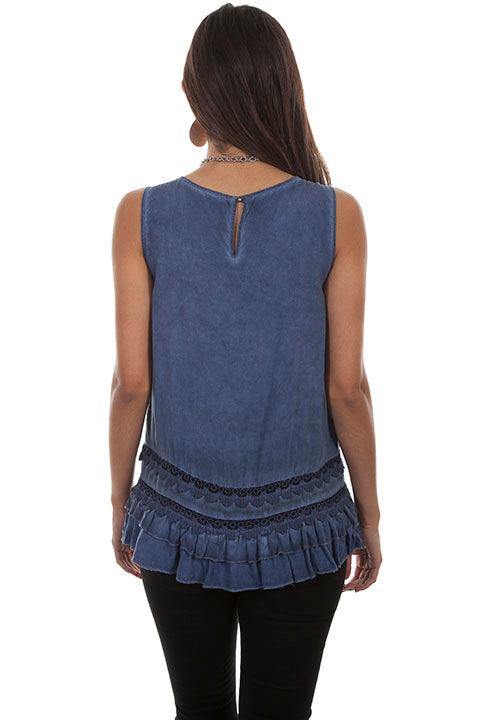 Scully INDIGO SCOOP NECK TANK W/CROCHET LACE/RUFFLE - Scully Leather