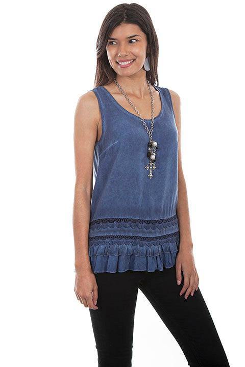 Scully INDIGO SCOOP NECK TANK W/CROCHET LACE/RUFFLE - Scully Leather