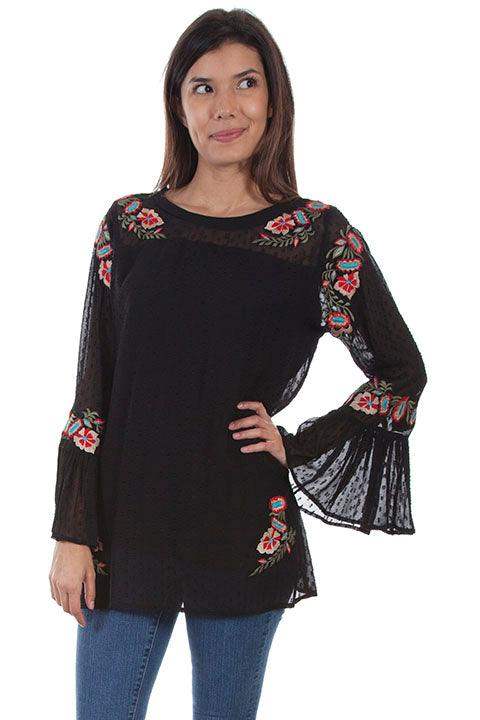 Scully BLACK SWISS DOT TUNIC W/EMB & RUFFLE SLEEVE - Scully Leather - Flyclothing LLC