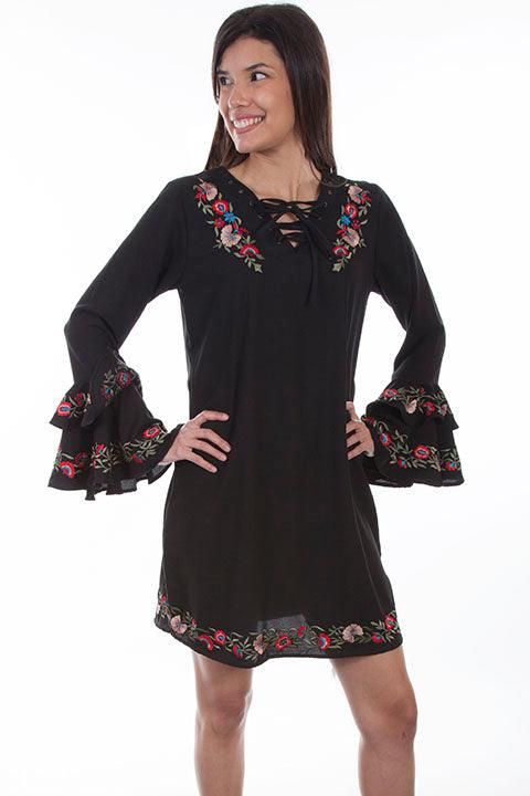 Scully BLACK EMB DRESS W/DOUBLE RUFFLE SLEEVES - Flyclothing LLC
