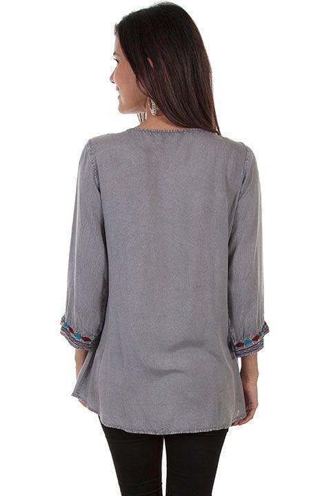 Scully GREY PULL OVER SCOOP NECK BLOUSE W/EMB - Scully Leather