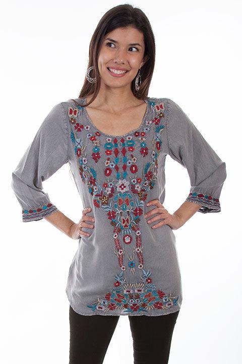 Scully GREY PULL OVER SCOOP NECK BLOUSE W/EMB - Flyclothing LLC