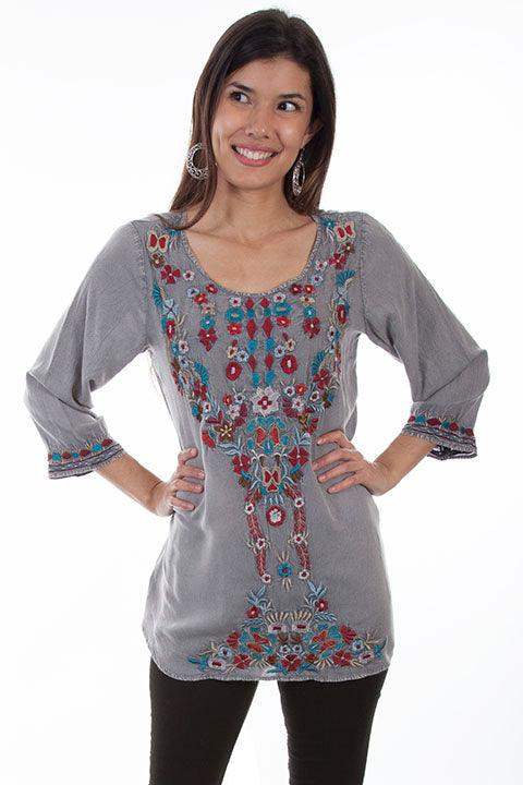 Scully GREY PULL OVER SCOOP NECK BLOUSE W/EMB - Scully Leather - Flyclothing LLC