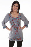 Scully GREY PULL OVER SCOOP NECK BLOUSE W/EMB - Scully Leather