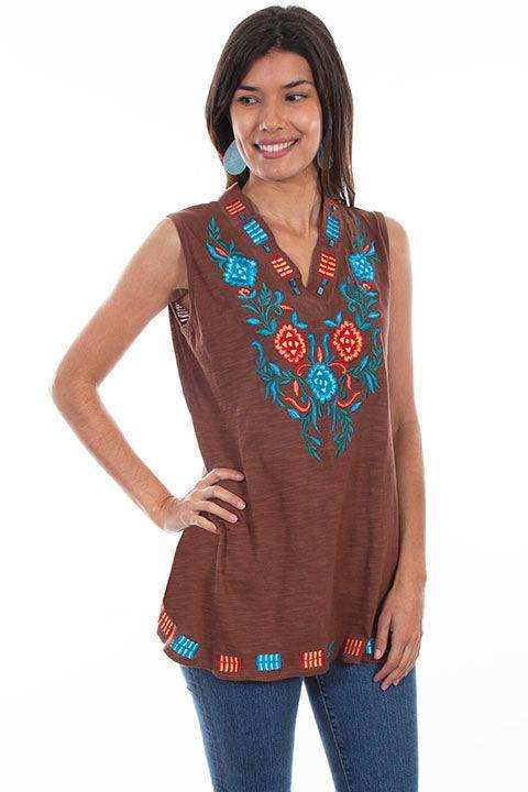 Scully BROWN V-NECK TANK W/BEADS - Scully Leather - Flyclothing LLC