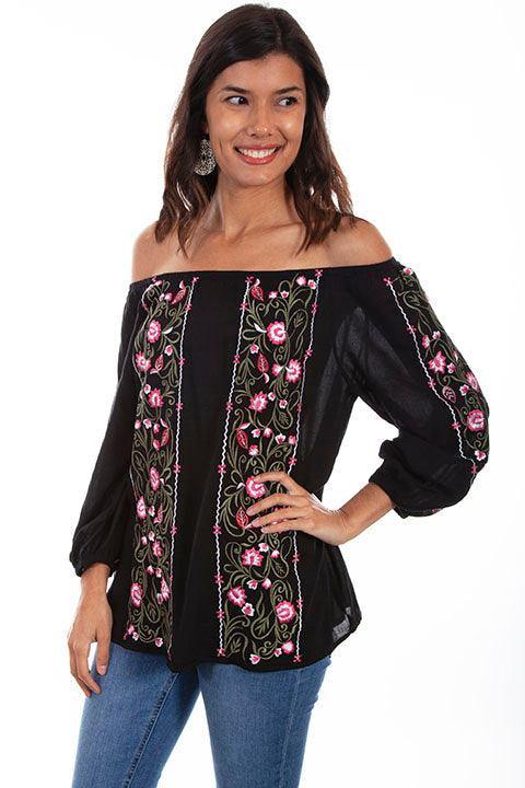 Scully BLACK BOLD STRIPE EMB. BLOUSE - Scully Leather