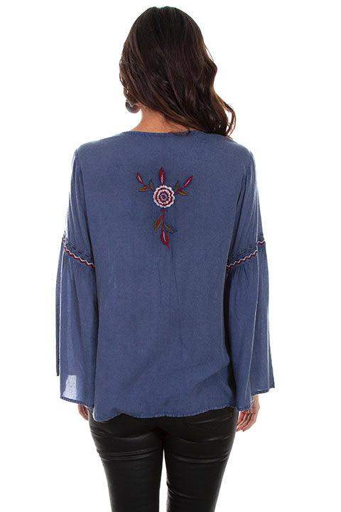Scully VINTAGE STEEL BLUE EMB V-NECK W/BELL SLEEVES - Scully Leather - Flyclothing LLC