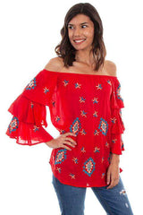Scully RED EMB. TUNIC W/TRIPLE RUFFLE SLEEVES - Scully Leather - Flyclothing LLC