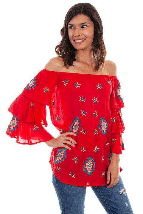 Scully RED EMB. TUNIC W/TRIPLE RUFFLE SLEEVES - Scully Leather - Flyclothing LLC