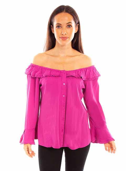 Scully Leather 100% Rayon Pink Ruffle Off/On Shoulder Blouse Shirt - Scully Leather