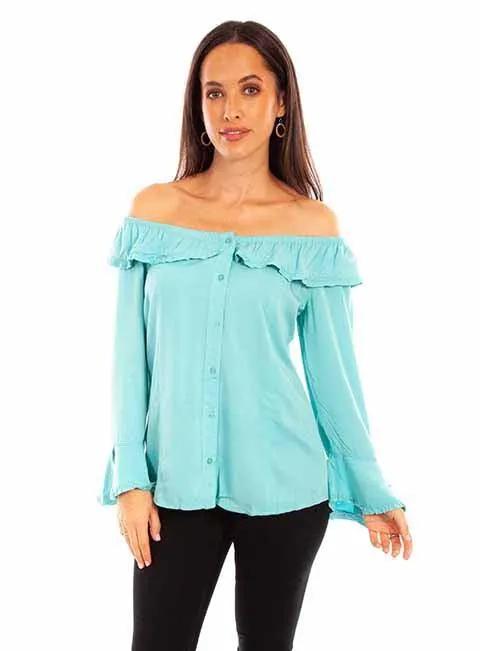 Scully Leather 100% Rayon Turquoise Ruffle Off/On Shoulder Blouse Shirt - Scully Leather