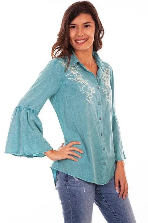 Scully TURQUOISE BELL SLEEVE BLOUSE W/IVORY EMB - Scully Leather