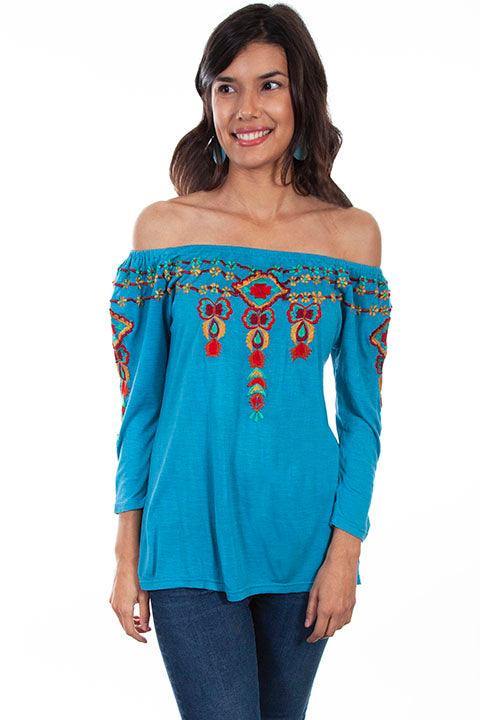 Scully TEAL 3/4 SLEEVE PEASANT TOP W/EMB. - Flyclothing LLC