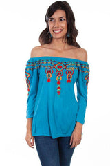 Scully TEAL 3/4 SLEEVE PEASANT TOP W/EMB. - Flyclothing LLC