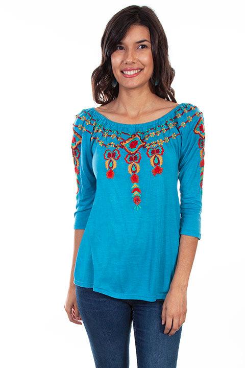 Scully TEAL 3/4 SLEEVE PEASANT TOP W/EMB. - Flyclothing LLC