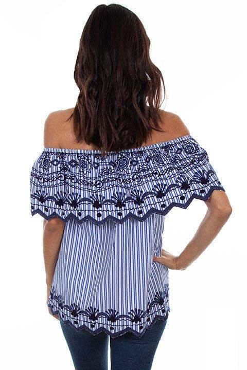 Scully NAVY STRIPE/EMB RUFFLE BLOUSE - Scully Leather - Flyclothing LLC