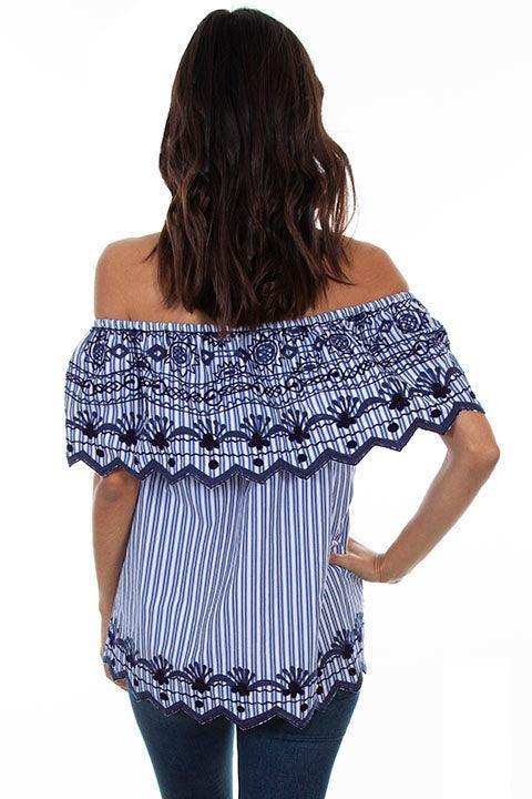 Scully NAVY STRIPE/EMB RUFFLE BLOUSE - Scully Leather - Flyclothing LLC