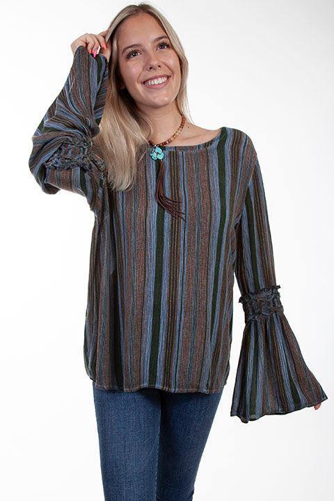 Scully DARK BLUE BRAIDED BELL SLV TIE BACK BLOUSE - Scully Leather