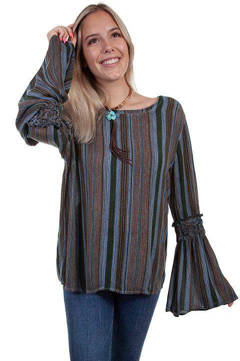 Scully DARK BLUE BRAIDED BELL SLV TIE BACK BLOUSE - Scully Leather - Flyclothing LLC
