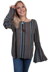 Scully DARK BLUE BRAIDED BELL SLV TIE BACK BLOUSE - Scully Leather