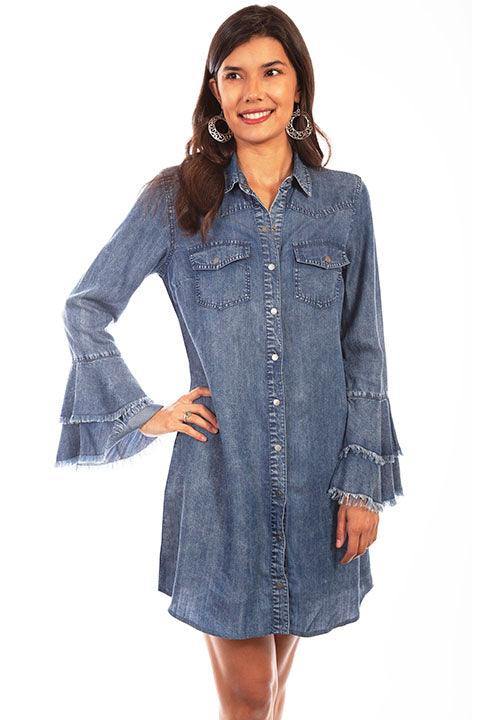 Scully DENIM WESTERN YOKE SHIRT DRESS BELL SLEEVE - Scully Leather