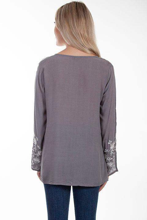 Scully SOFT GREY EMB FRONT/SLEEVES TIE FRONT BLOUSE - Scully Leather - Flyclothing LLC