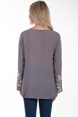 Scully SOFT GREY EMB FRONT/SLEEVES TIE FRONT BLOUSE - Scully Leather - Flyclothing LLC