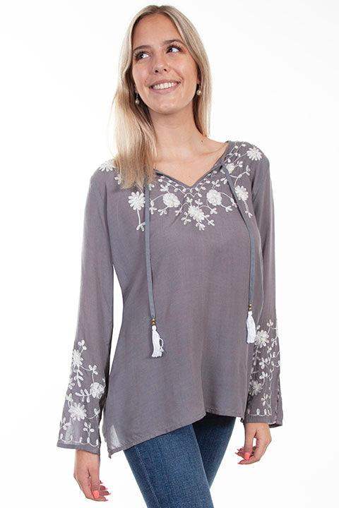 Scully SOFT GREY EMB FRONT/SLEEVES TIE FRONT BLOUSE - Scully Leather - Flyclothing LLC