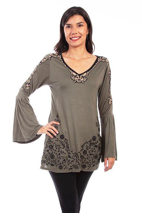 Scully OLIVE APPLIQUE EMB. V-NECK TUNIC BELL SLV - Flyclothing LLC