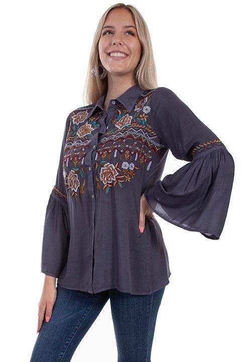 Scully WEDGEWOOD BLUE BELL SLEEVE EMB BLOUSE BUTTON FRONT - Scully Leather - Flyclothing LLC