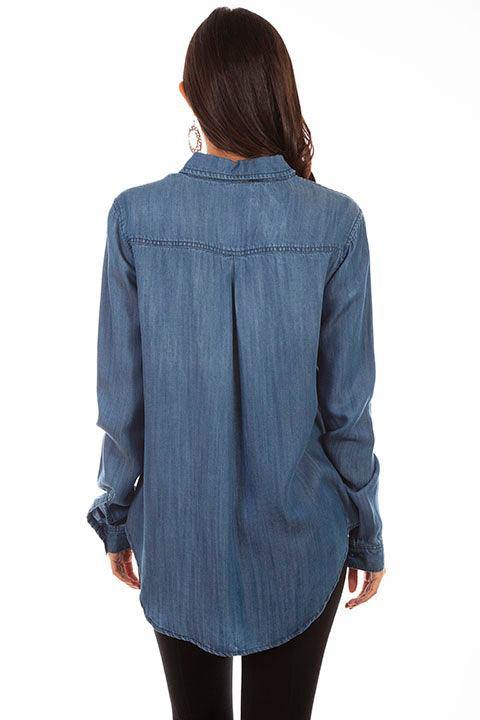 Scully DENIM FRINGE BUTTON DOWN BLOUSE - Scully Leather