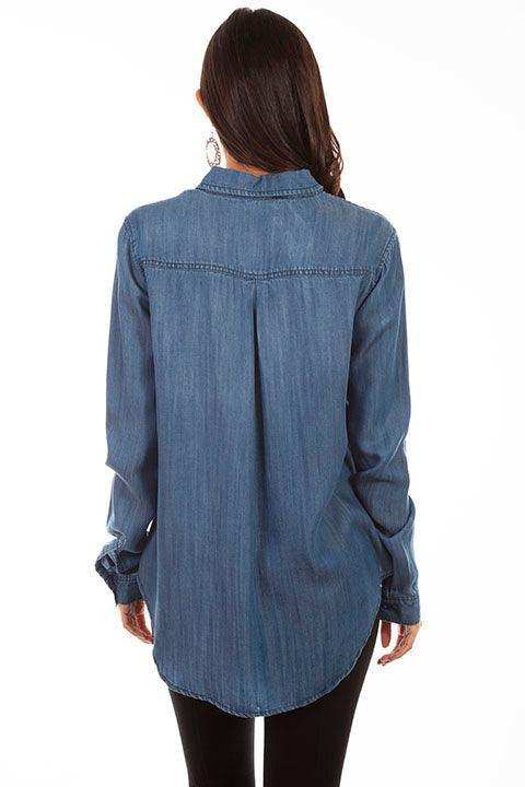 Scully DENIM FRINGE BUTTON DOWN BLOUSE - Scully Leather - Flyclothing LLC