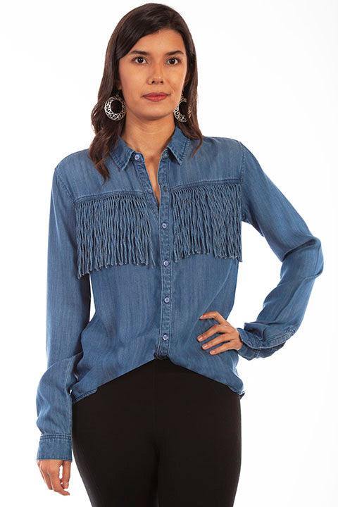 Scully DENIM FRINGE BUTTON DOWN BLOUSE - Scully Leather