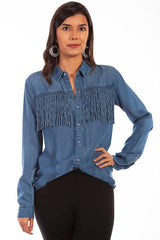 Scully DENIM FRINGE BUTTON DOWN BLOUSE - Scully Leather