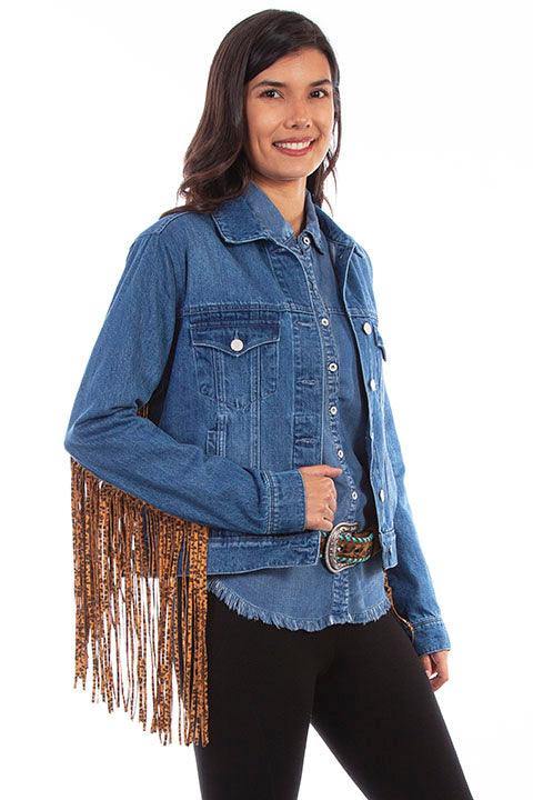 Scully DENIM JACKET W/LEOPARD FRINGE - Scully Leather