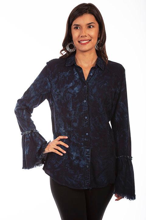 Scully BLACK-BLUE WASHED TIE DIE BLOUSE W/RUFFLE SLVES - Flyclothing LLC