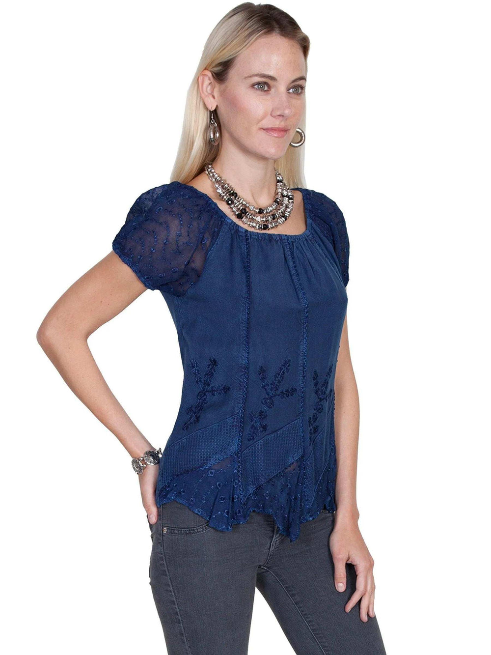 Scully BLUE RAYON ELASTIC SLEEVE BLOUSE - Scully Leather - Flyclothing LLC
