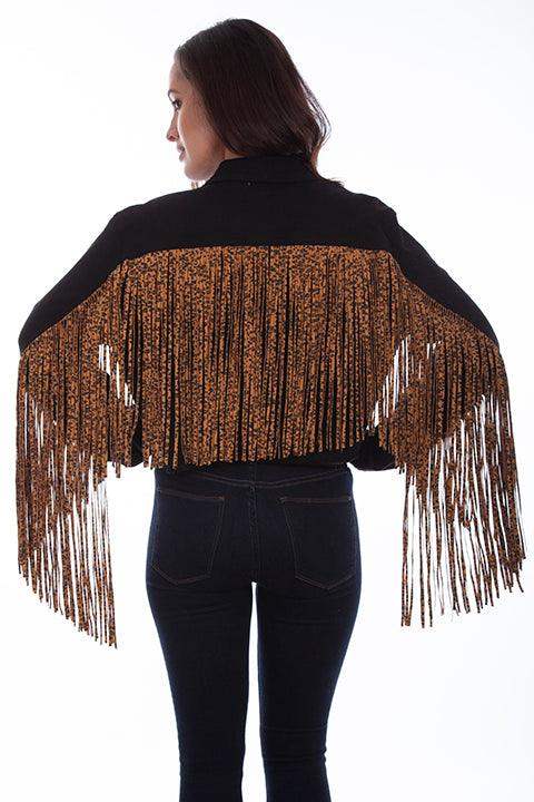 Scully BLACK DENIM JKT W/LEOPARD FRINGE - Scully Leather - Flyclothing LLC