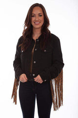 Scully BLACK DENIM JKT W/LEOPARD FRINGE - Scully Leather - Flyclothing LLC