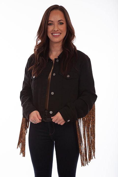 Scully BLACK DENIM JKT W/LEOPARD FRINGE - Scully Leather